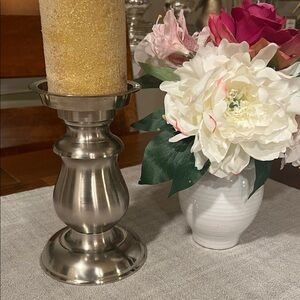 Restoration Hardware Silver Brushed Metal Pillar Candle Holder
